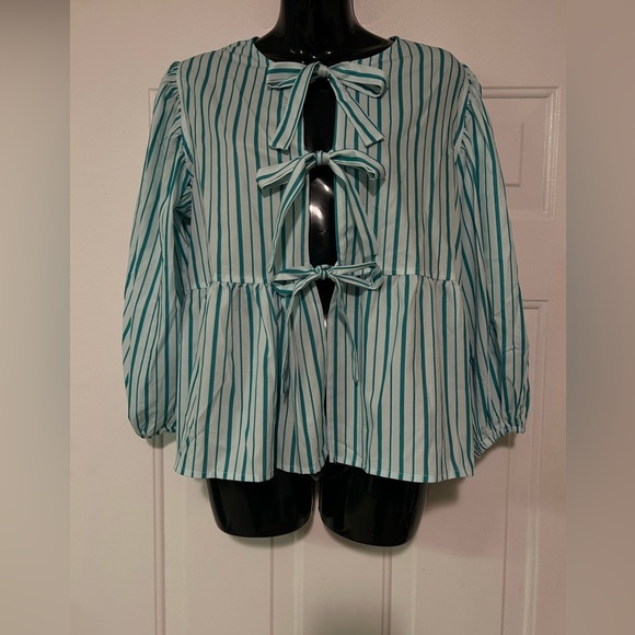 Women Puff Sleeve Peplum Shirts Bow Tie Front Stripe Babydoll Blouse Lace‎ Up - Picture 6 of 10